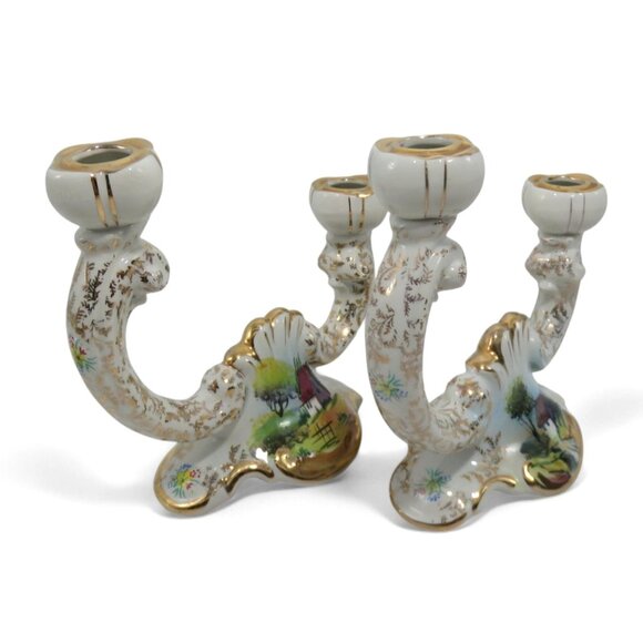 ALCOBACA Twin Arm Candle Holders PORTUGAL Set Country Scene Vintage 7.5" - Picture 2 of 11